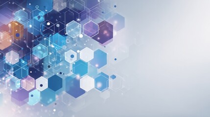 Health care innovation concept featuring a modern geometric pattern of hexagons and circles in shades of blue and purple