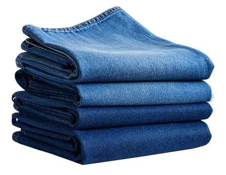 Folded denim fabric texture close-up, indigo blue cloth pattern isolated 