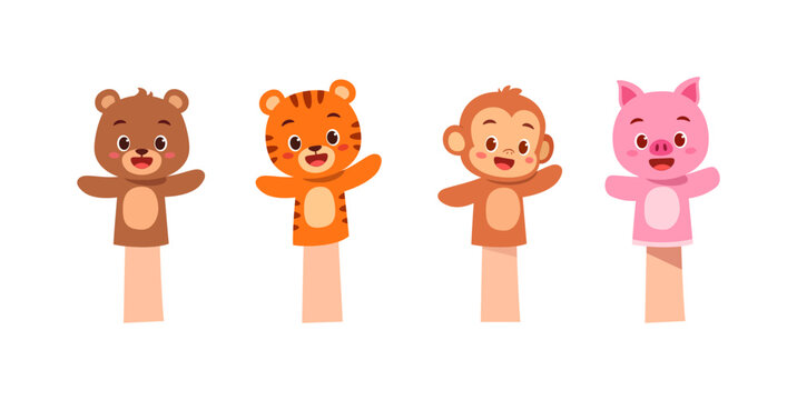 Four animal finger puppets bear tiger monkey and pig standing waving hands cartoon drawing