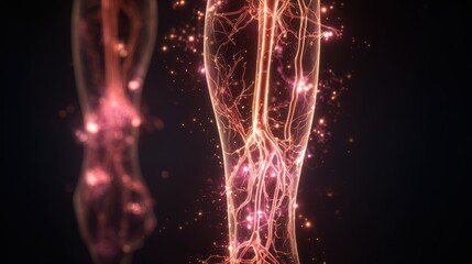 Close up view of a leg displaying varicose veins disease with glowing illustrations emphasizing vascular health and circulatory issues