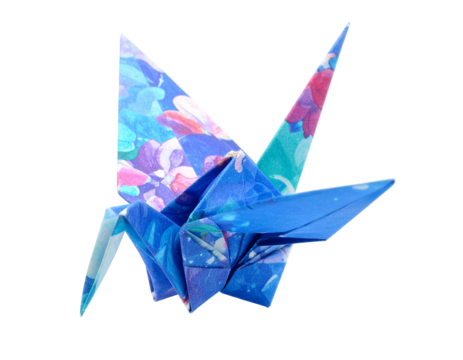 Folded origami paper bird isolated on white background, handmade craft object