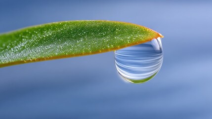 Close up of a single clear water droplet hanging from the tip of a vibrant green leaf with an orange edge against a soft blue blurred background macro photography