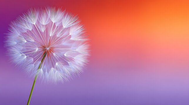 Close up macro photo of a fluffy white dandelion seed head with delicate strands against a vibrant gradient purple and orange sunset sky background with soft light