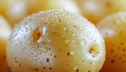 Close-up of fresh, small potatoes with water droplets exhibiting vibrant texture