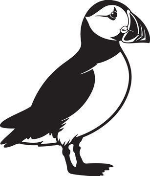 Black and white graphic illustration of a puffin bird facing right with a white background