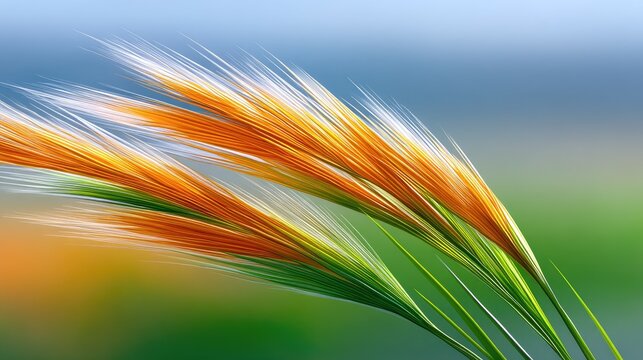 Close up of feathery grass seed heads with golden orange and green hues gently swaying in a soft breeze with a blurred blue and green background on a clear day