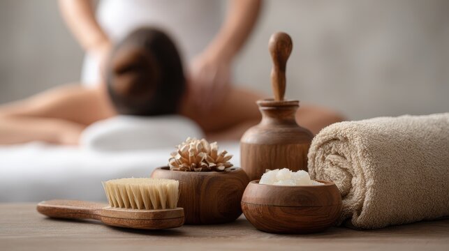Woman enjoying a relaxing massage therapy session using wooden tools at a serene spa setting during daylight hours