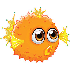Cartoon Orange Pufferfish With Big Eyes And Spikes Isolated On Transparent Background