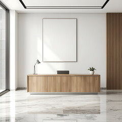 Modern interior design mockup featuring a blank canvas art piece and a wooden reception desk, specifically for the decor of an office lobby area.