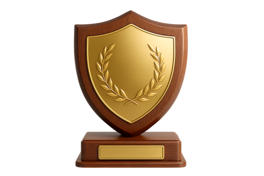 A prestigious wooden award plaque featuring a golden shield with an embossed laurel wreath, mounted on a dark wood base with a blank nameplate for customization - Powered by Adobe