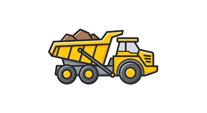 Yellow Dump Truck Illustration with Brown Load on White Background.