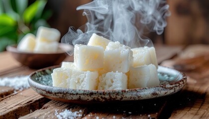 Delicious Steaming Tapioca Cake Cubes on Rustic Wooden Table for Sweet Food Photography
