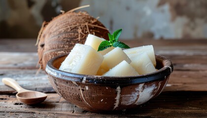 Exotic delight: Fresh coconut chunks served in a rustic bowl with whole coconut