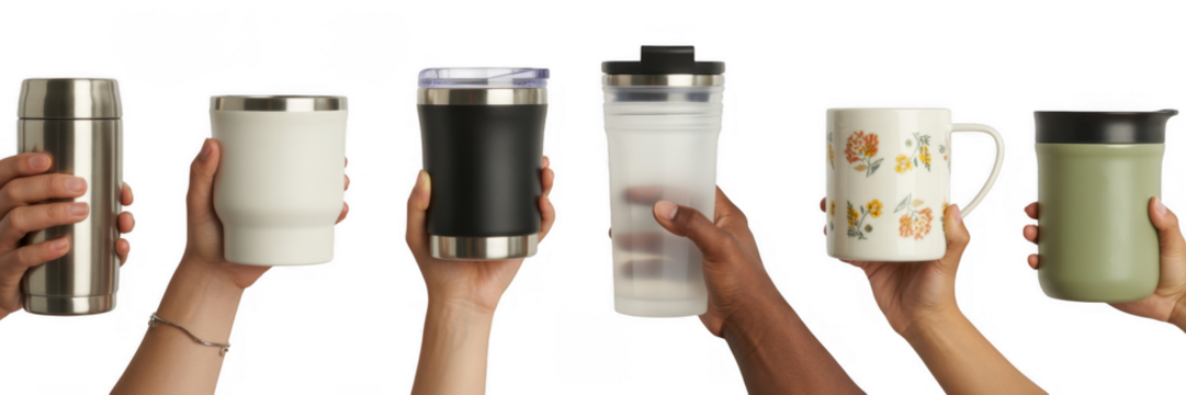 Assorted drinkware held by hands isolated on a transparent background - Powered by Adobe