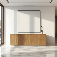 Modern interior design mockup featuring a blank canvas art piece and a wooden reception desk, specifically for the decor of an office lobby area.