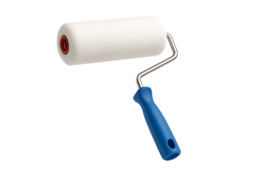 Close-up of a painting applicator with a steel frame and an ergonomic blue handle, representing DIY, construction, and professional decorator work