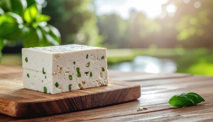 Fresh vegan cheese with herbs on wooden board with basil and nature background, a culinary delight