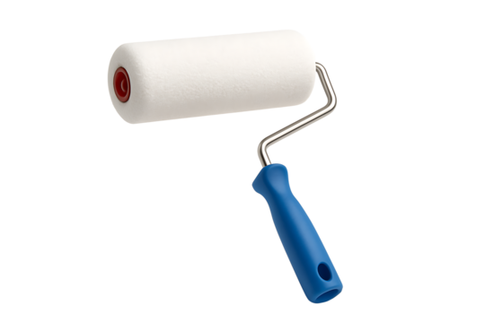 Close-up of a painting applicator with a steel frame and an ergonomic blue handle, representing DIY, construction, and professional decorator work