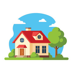 Fototapeta premium A charming illustration of a house with a red roof, surrounded by greenery.