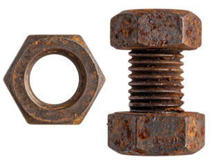 Rusty metal bolt and washer isolated on transparent background, old industrial object 