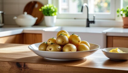 Golden Potatoes Freshly Harvested Displayed on a Plate in a Bright Kitchen Setting ready to eat