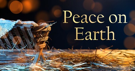 Manger with baby Jesus, hay and text PEACE ON EARTH on dark background