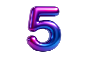 Glossy 3D render of the number five in a vibrant, metallic, iridescent finish with pink, purple, and blue colors, isolated