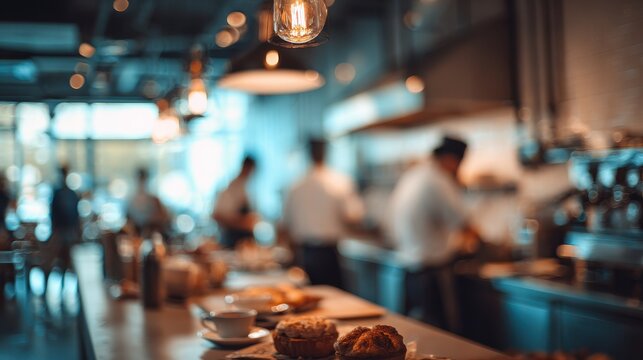 Busy cafe scene with blurred staff preparing food and drinks in a warm and inviting atmosphere during a busy morning rush