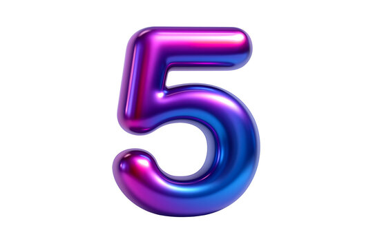 Glossy 3D render of the number five in a vibrant, metallic, iridescent finish with pink, purple, and blue colors, isolated