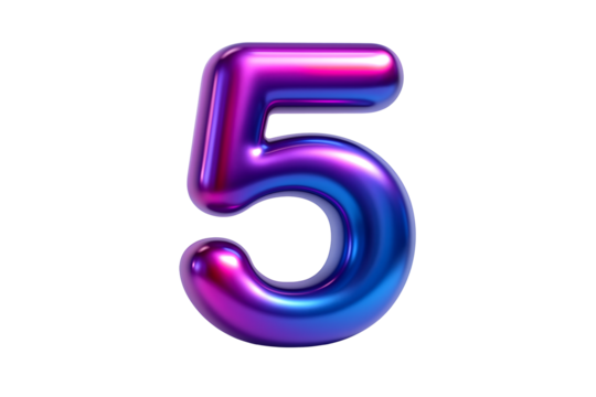 Glossy 3D render of the number five in a vibrant, metallic, iridescent finish with pink, purple, and blue colors, isolated