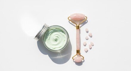 A jar of green cream with a jade roller and pills on a white background.