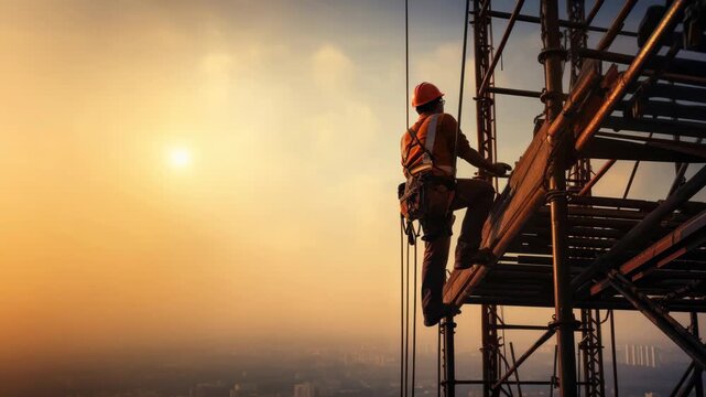 Silhouette of a construction worker on scaffolding at sunset, captured from a low angle. The scene evokes a cinematic video feel with warm tones. Live desktop wallpaper.