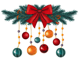 Hand drawn Christmas border with fir branches, red bow, red berries, spruce tree decorations hanging on strings. Watercolor illustration.