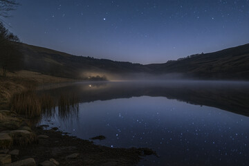 starlit sky reflecting in mist-covered valley lake, creating dreamlike effect