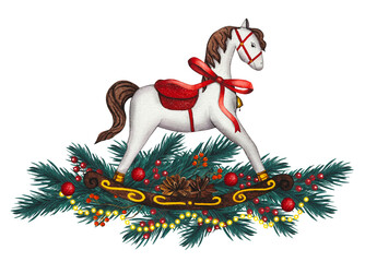 Hand drawn vintage horse toy with spruce branches, red bow, garland. Watercolor Christmas illustration.