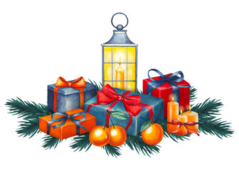 Hand drawn red and blue Christmas gift boxes with fir branches, tangerines, lantern, candles. Watercolor illustration.