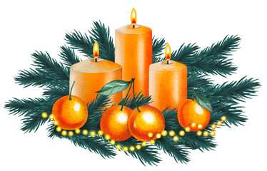 Hand drawn  Christmas composition with orange wax candles, tangerines, spruce branches, garland. Watercolor illustration.