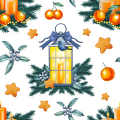Hand drawn Christmas seamless pattern featuring a vintage lantern, candles, tangerines, and fir branches. Watercolor illustration.
