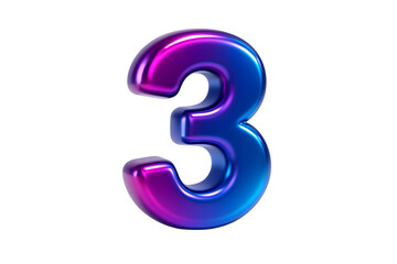 Naklejka premium Glossy 3D render of the number three in a vibrant, metallic, iridescent finish with pink, purple, and blue colors, isolated