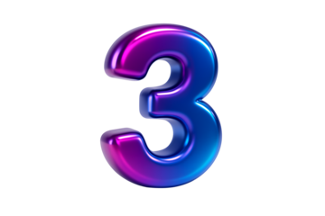 Glossy 3D render of the number three in a vibrant, metallic, iridescent finish with pink, purple, and blue colors, isolated