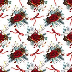 Hand drawn Christmas seamless pattern with red roses, cotton, red bows. Watercolor illustration.