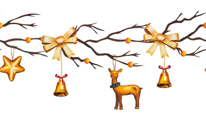Hand drawn seamless border with brown tree branches, golden bow, golden deer, golden bells. Watercolor illustration.