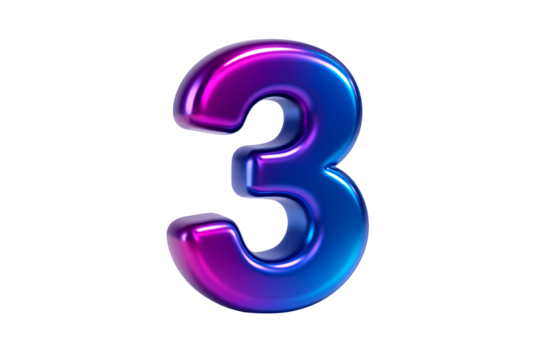 Glossy 3D render of the number three in a vibrant, metallic, iridescent finish with pink, purple, and blue colors, isolated