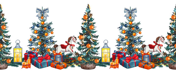 Hand drawn seamless border featuring a decorated Christmas tree, gifts, and a lantern. Watercolor illustration.