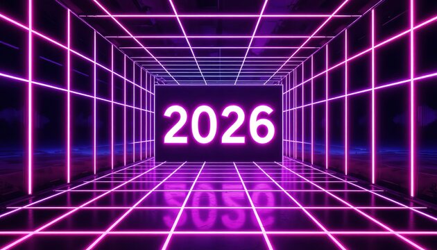 Vibrant neon 2026 tunnel creating a futuristic digital landscape for celebrations
