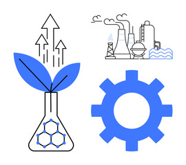 Laboratory flask with a plant and arrows, industrial factory emitting fumes, and gearwheel. Ideal for sustainability, biotechnology, ecology, innovation, industry, renewable energy environmental