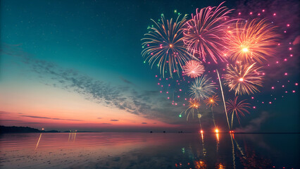Brilliant pyrotechnics light up the dark night sky over the river during a festive holiday celebration