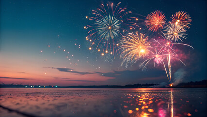 Colorful night celebration with fireworks display over the river and city reflection
