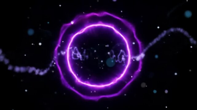 Abstract, symmetrical glowing circle of pulsating purple and magenta neon light, emitting shimmering particles into a deep cosmic void. Concept of quantum technological wonder