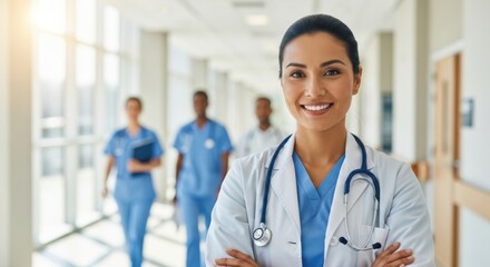 Smiling female doctor in hospital hallway with colleagues